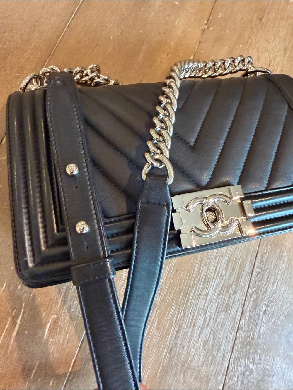 CHANEL Black Chevron Quilted Le Boy Bag with rare Silver-Tone Hardware